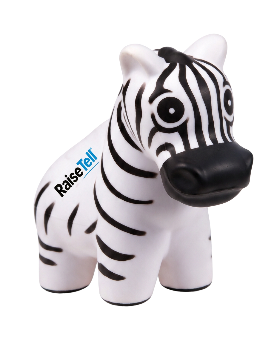 Zeke the Zebra squishy stress toy with the RaiseTell logo, a free giveaway at booth K22