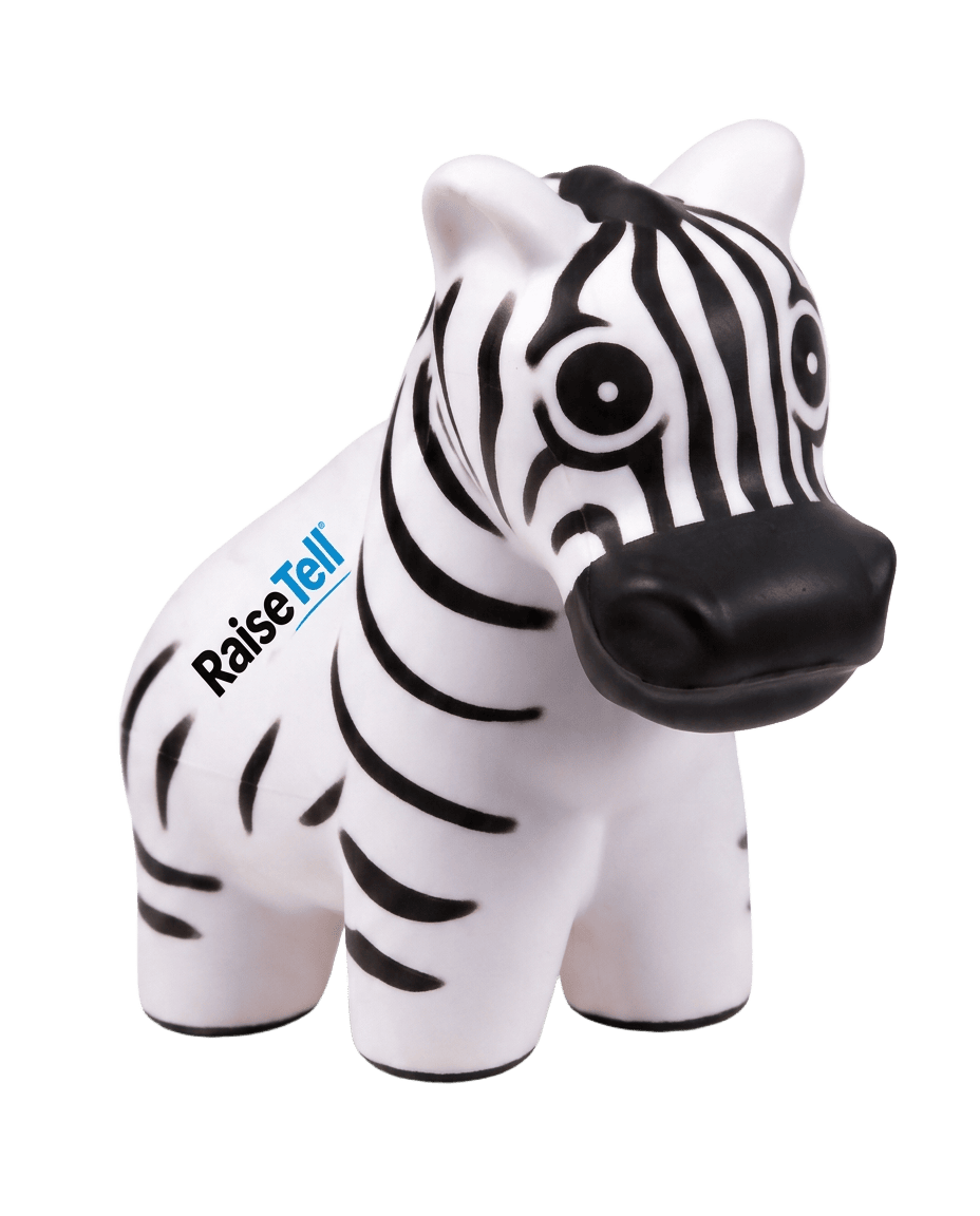 Zeke the Zebra squishy stress toy with the RaiseTell logo, a free giveaway at booth K22